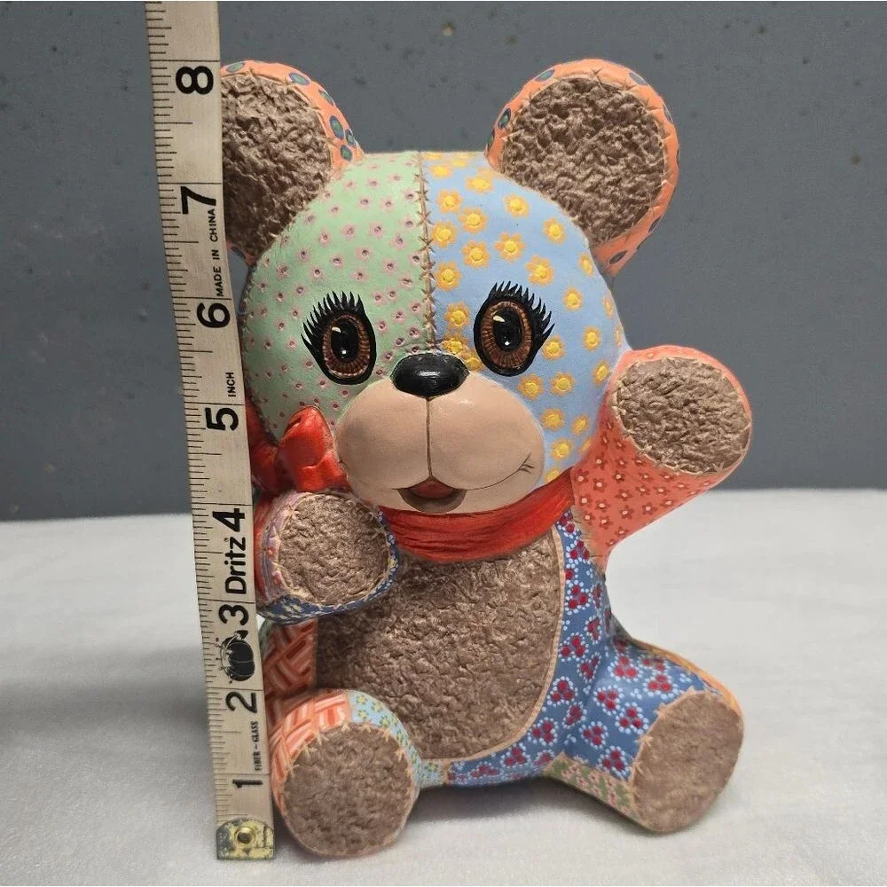 Pottery Patchwork Teddy Bear Figurine Nursery Baby Room Decor Vintage 80s Signed